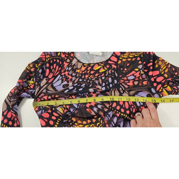 Yitty sz S thong long sleeve semi Sheer body suit lined torso EUC butterfly geo - Picture 9 of 10